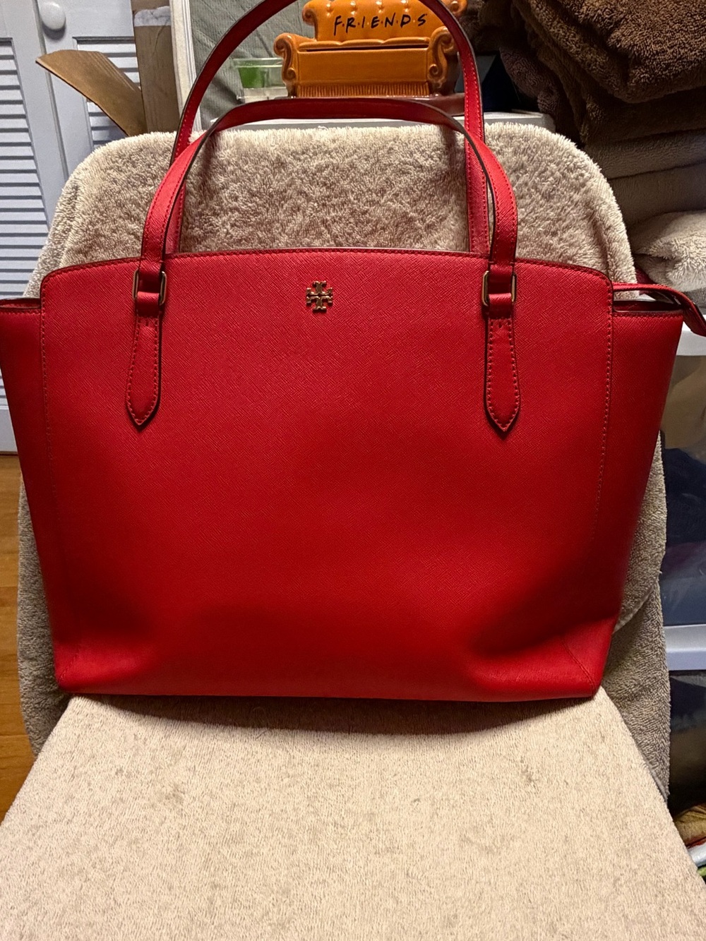 Tory Burch Bright Red Leather Laptop Tote with Gold Logo
